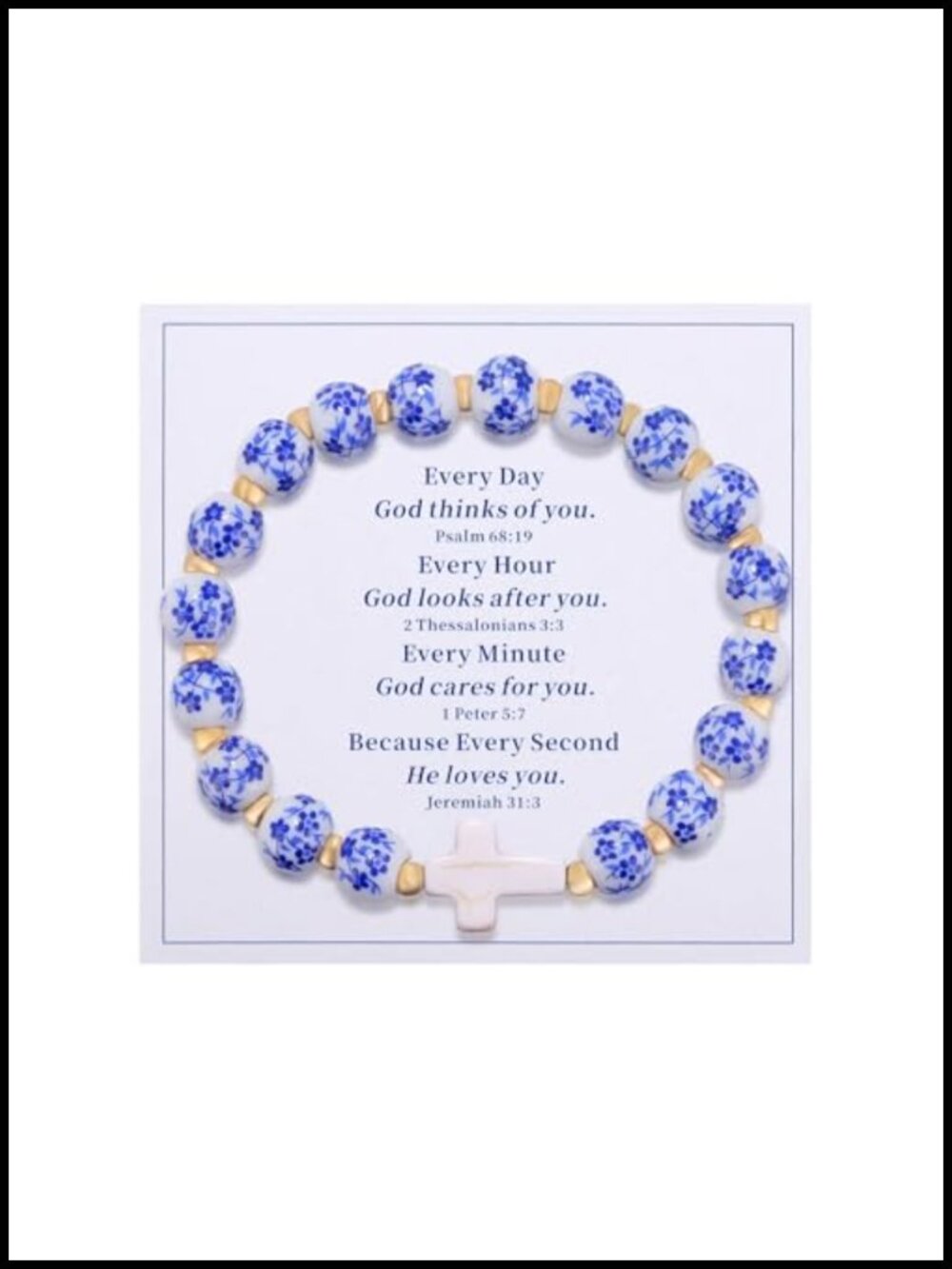 Blue White Ceramic Porcelain Bead Cross Bracelet Christian Inspirational